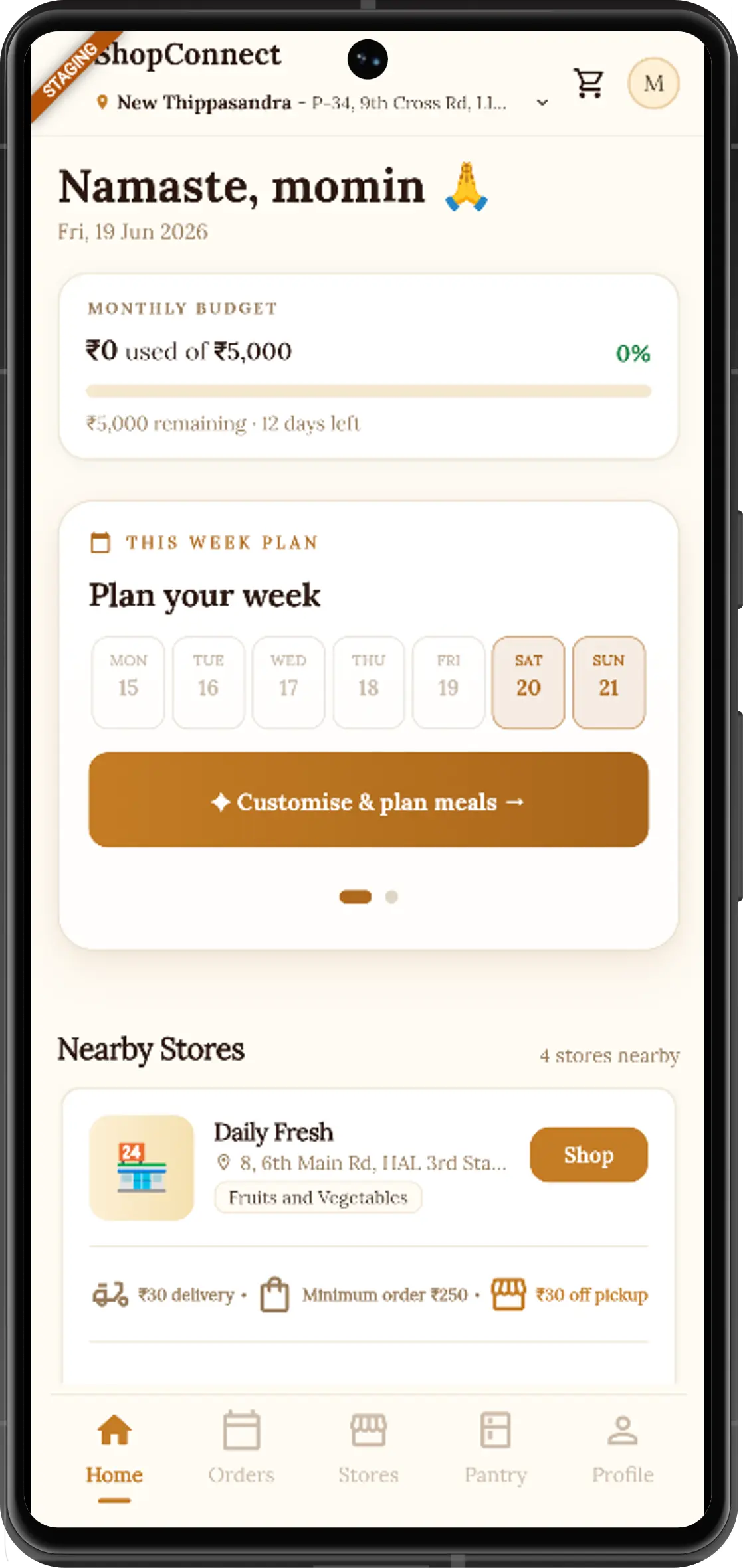 ShopConnect app — home with weekly plan and nearby stores