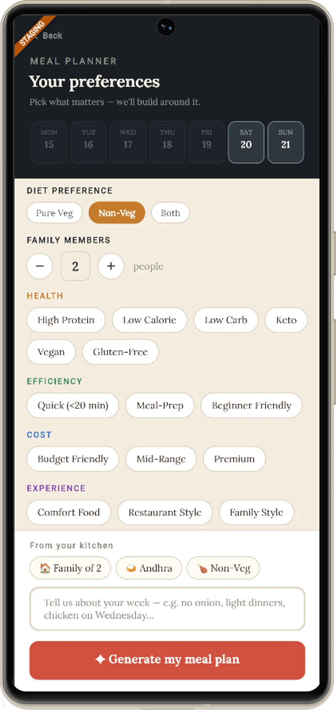 ShopConnect meal planner — diet, family size and taste preferences